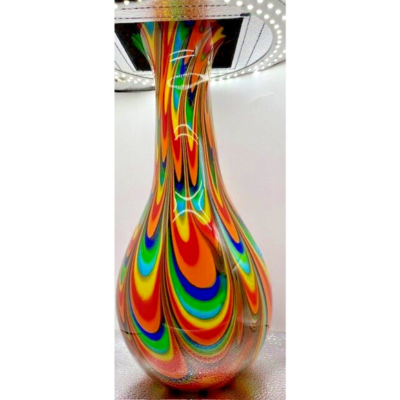 Art Glass Vase Modern Studio Swags & Red Interior 12" x 5" - 7 lbs - Picture 2 of 8